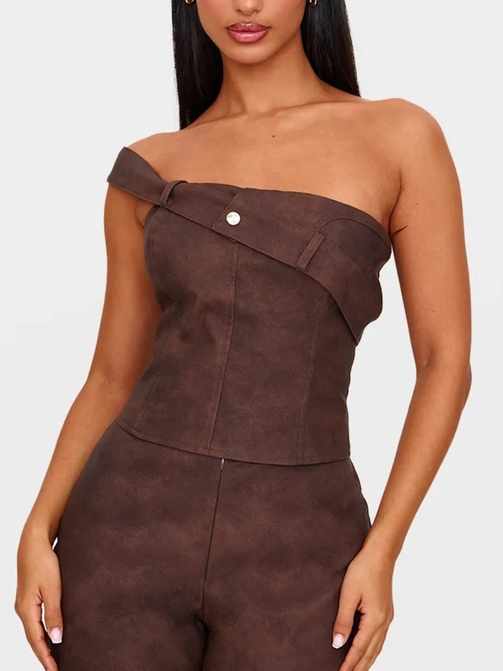 PrettyLittleThing PETITE CHOCOLATE FAUX LEATHER STRAP FOLDOVER DETAIL TOP